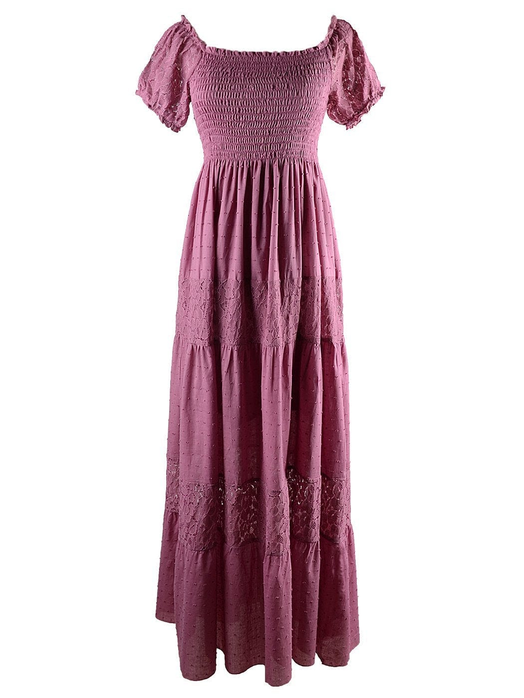 Vestido largo de encaje con hombros descubiertos