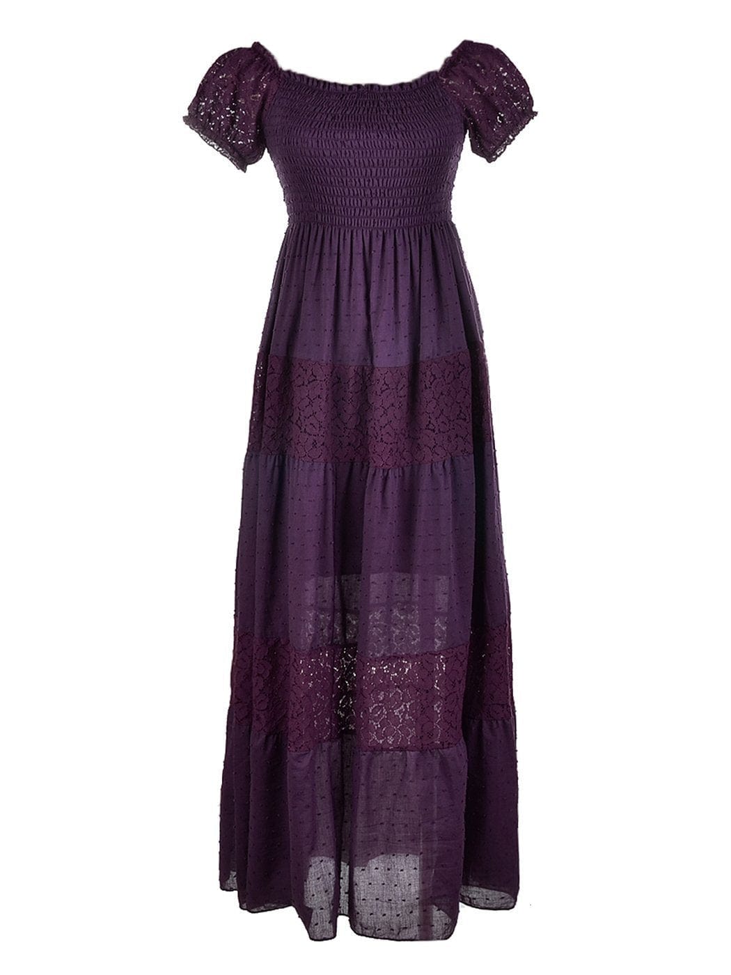 Vestido largo de encaje con hombros descubiertos
