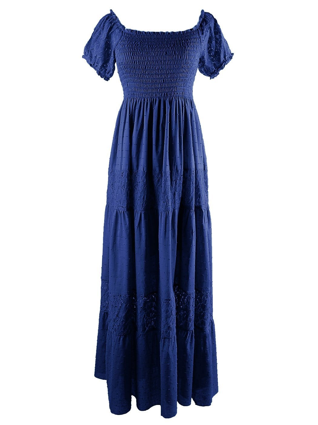 Vestido largo de encaje con hombros descubiertos
