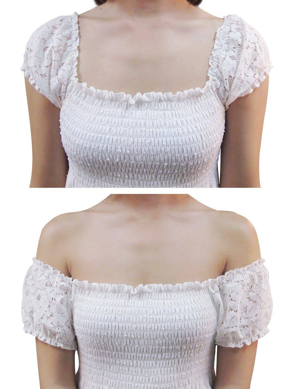 Vestido largo de encaje con hombros descubiertos