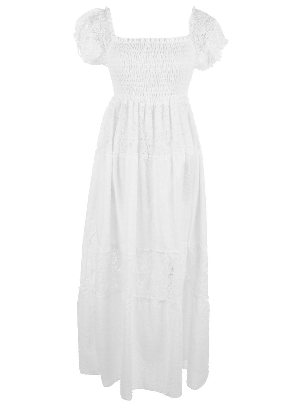 Vestido largo de encaje con hombros descubiertos