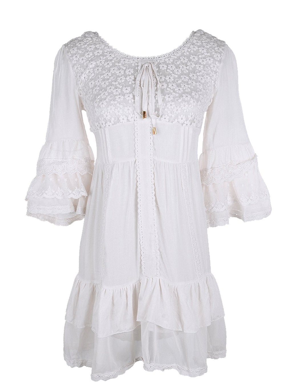 Vestido corto bohemio con mangas acampanadas, dobladillo con volantes y encaje floral