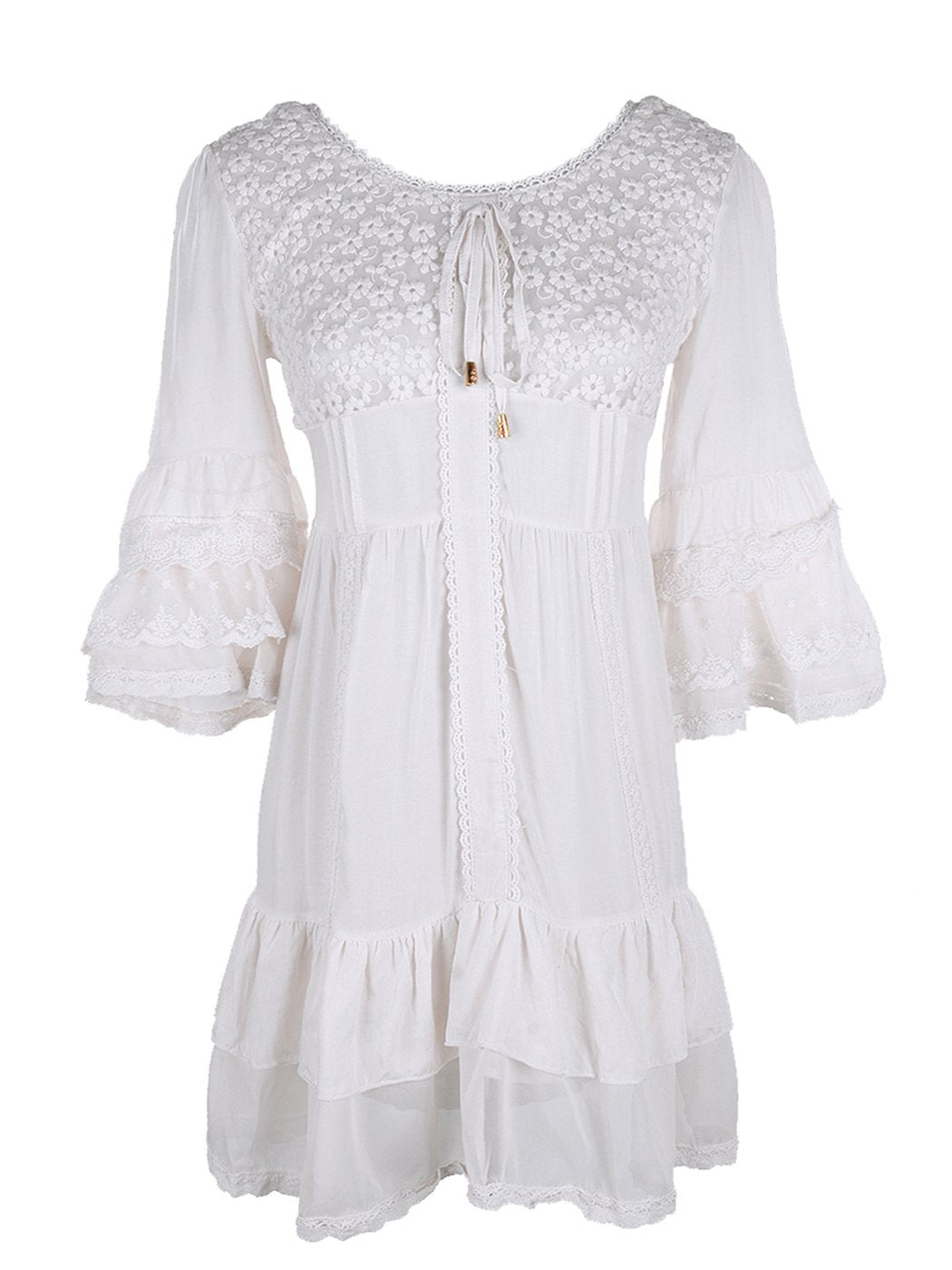 Vestido corto bohemio con mangas acampanadas, dobladillo con volantes y encaje floral