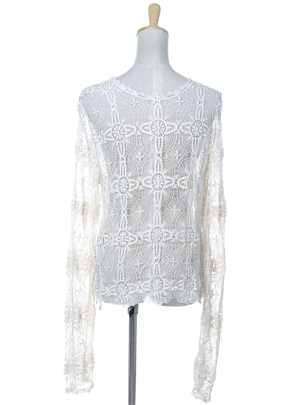 S/M Fit Beige Off-White Floral Cross Round Neckline L/S Sheer Top
