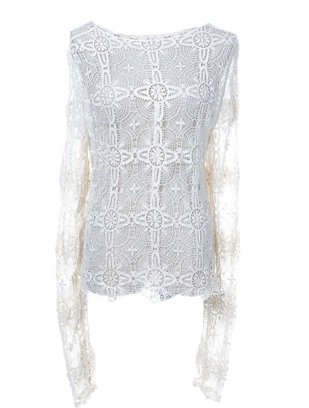 S/M Fit Beige Off-White Floral Cross Round Neckline L/S Sheer Top
