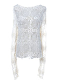 S/M Fit Beige Off-White Floral Cross Round Neckline L/S Sheer Top