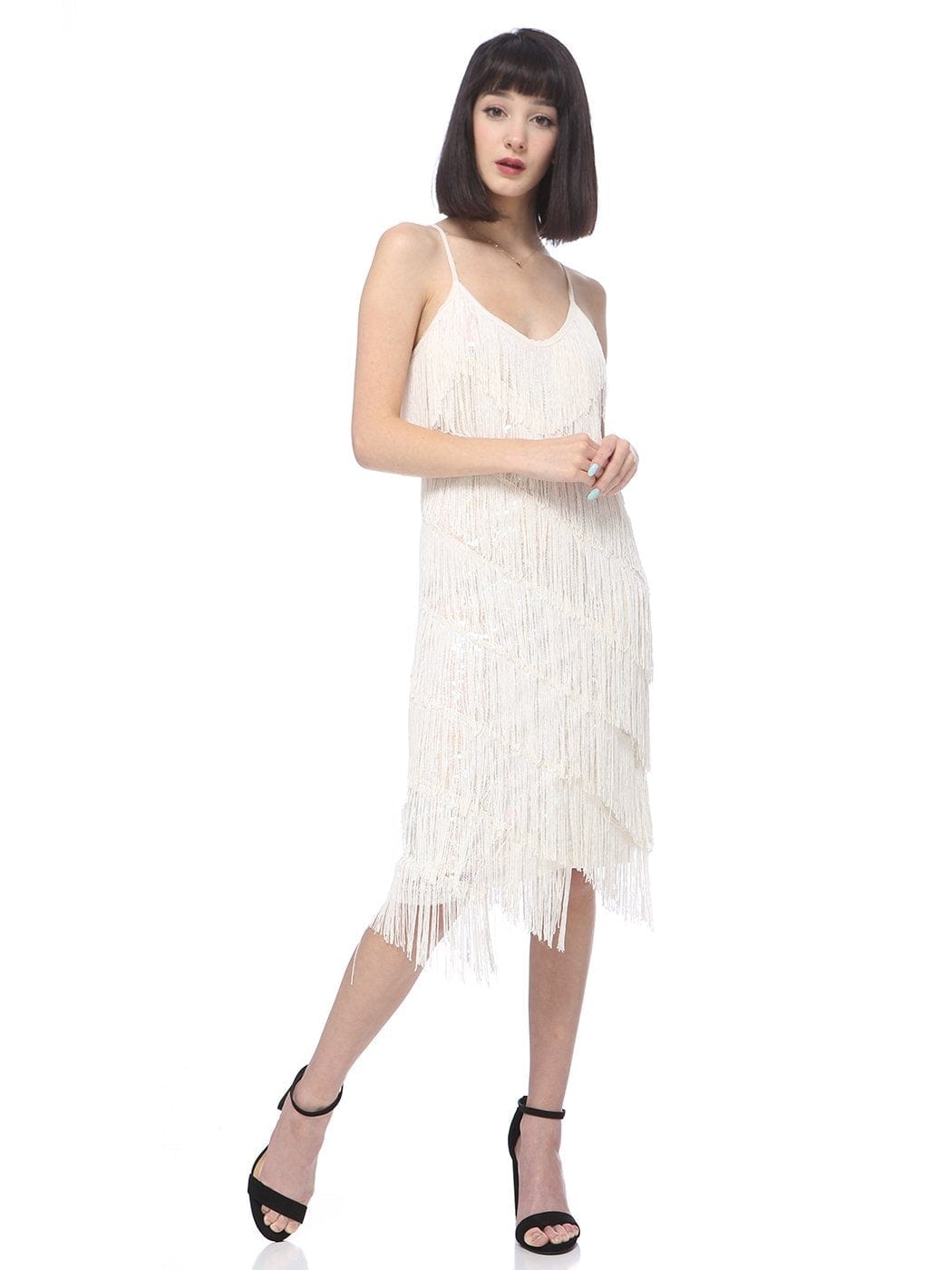 Vestido midi estilo flapper con flecos y lentejuelas