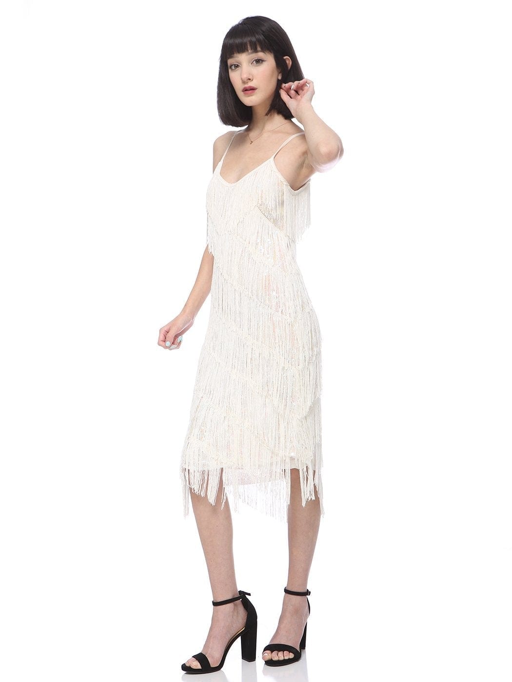Vestido midi estilo flapper con flecos y lentejuelas