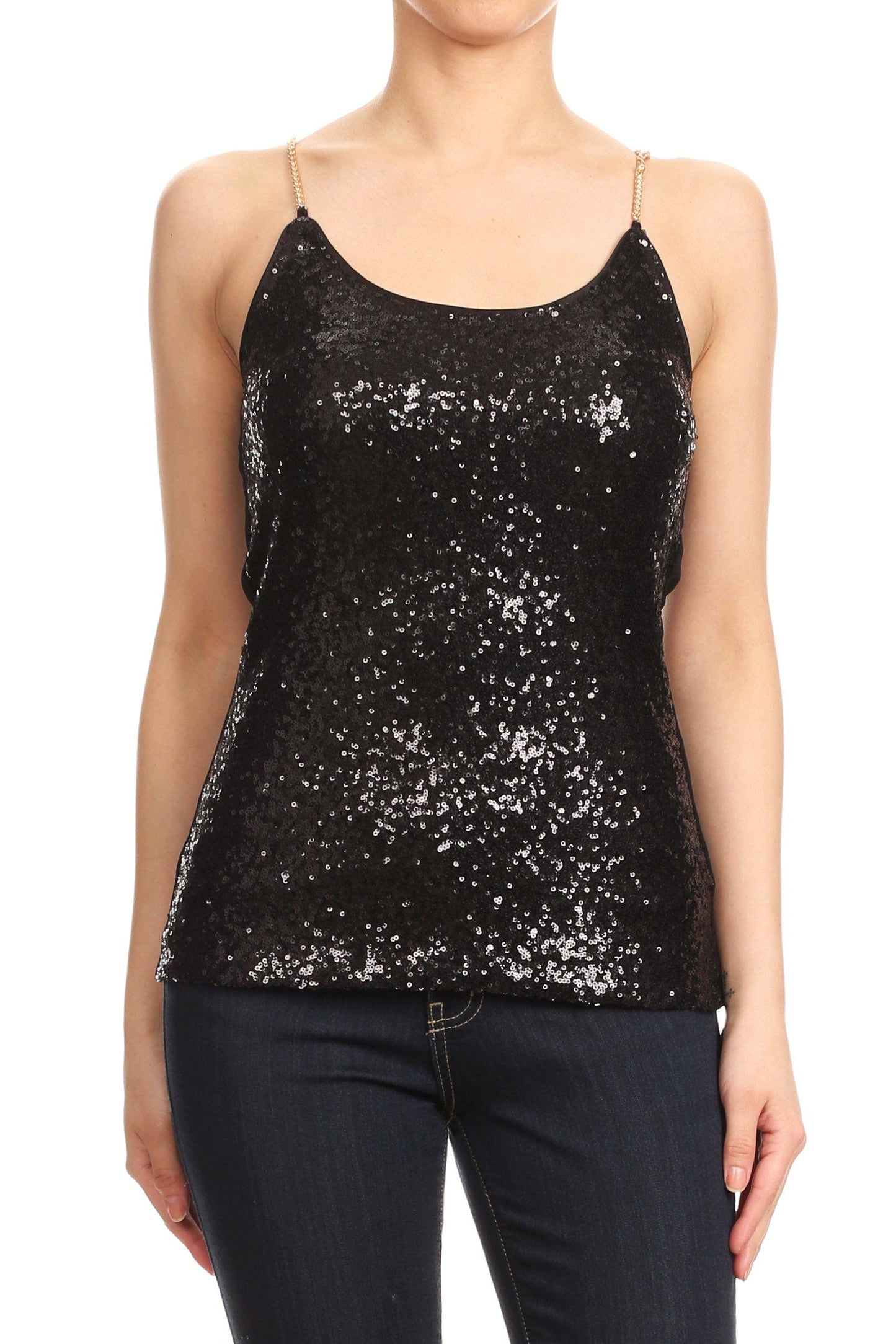 Anna-Kaci Womens Spaghetti Strap Sequin Metal Chain Shiny Party Club Camisole Tank Top