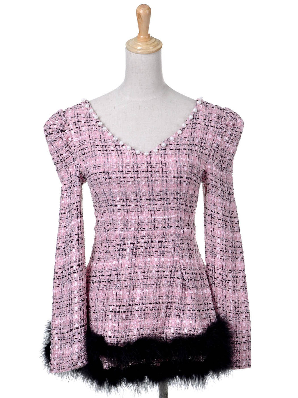 Vestido estilo patinador sobre hielo de tweed rosa con hombros abullonados y ribete de marabú, talla S/M
