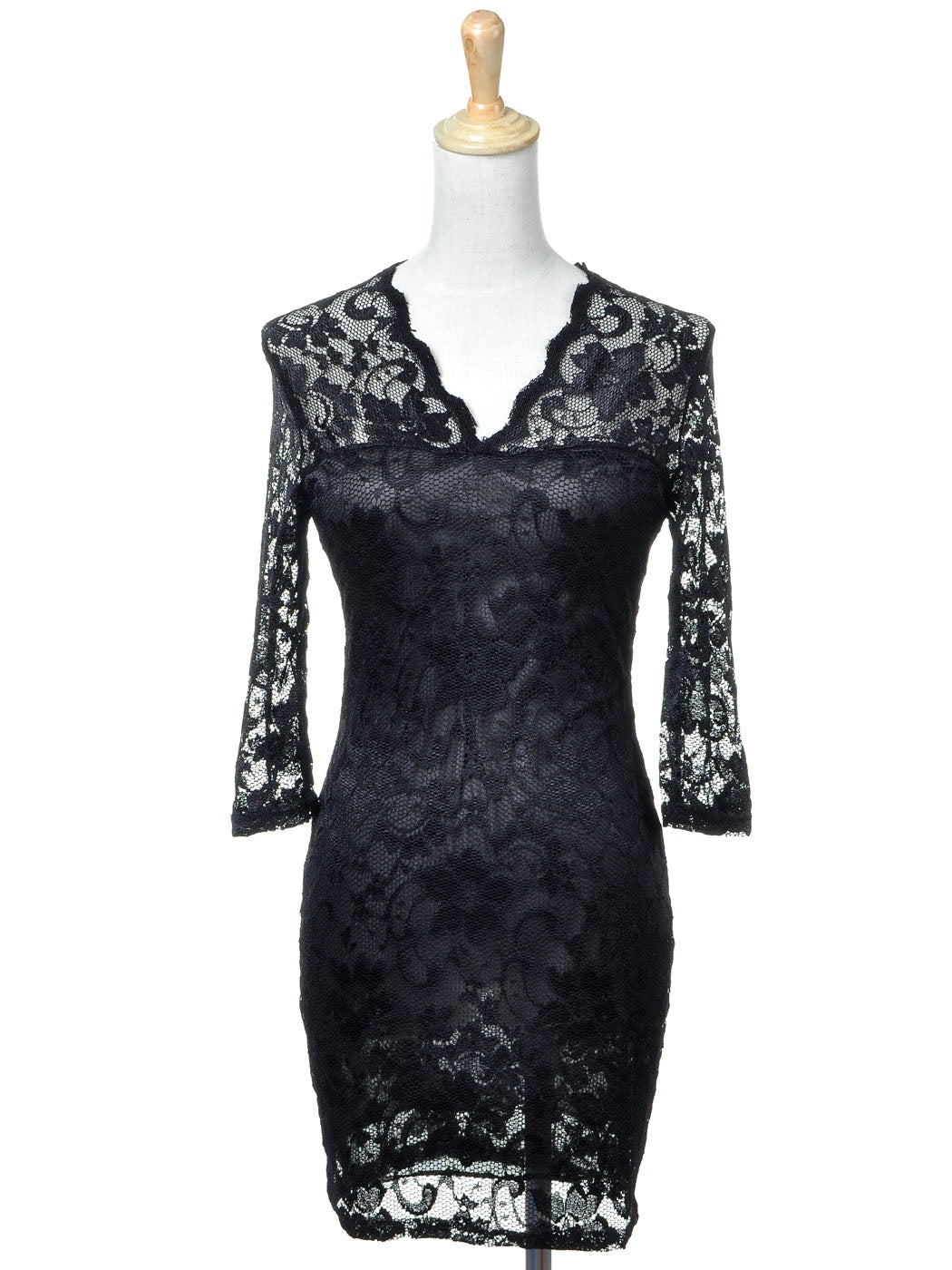 Vestido con escote en V y detalle de encaje floral negro