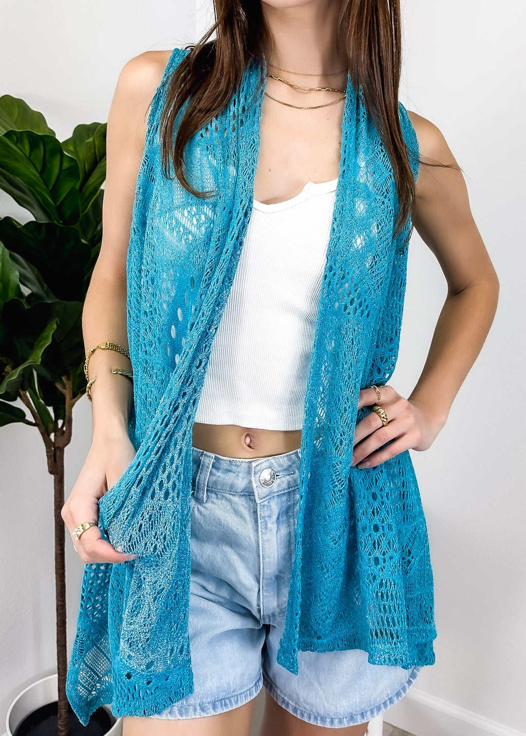 Cárdigan tipo chal de crochet abierto al frente sin mangas para mujer 