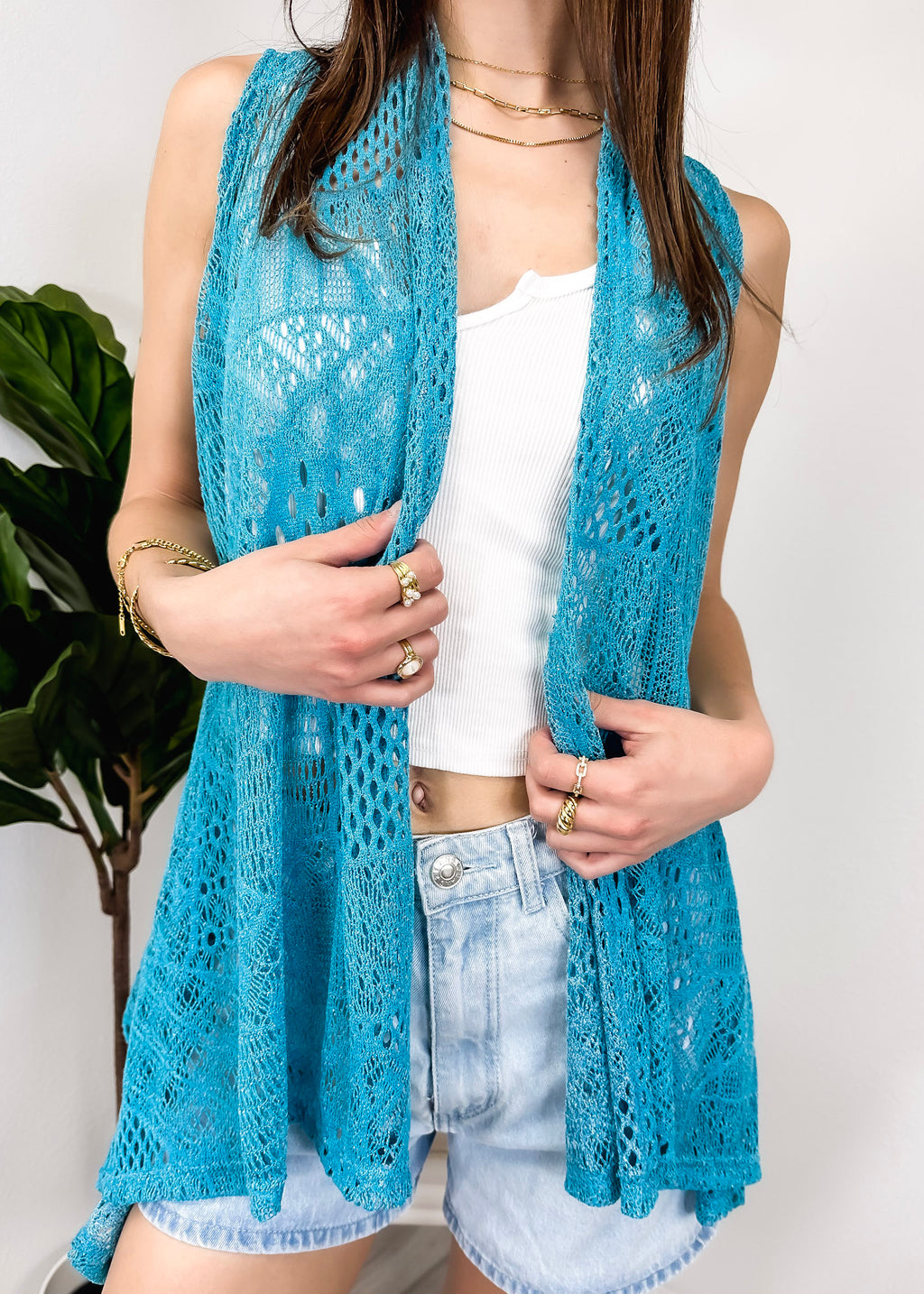 Cárdigan tipo chal de crochet abierto al frente sin mangas para mujer 