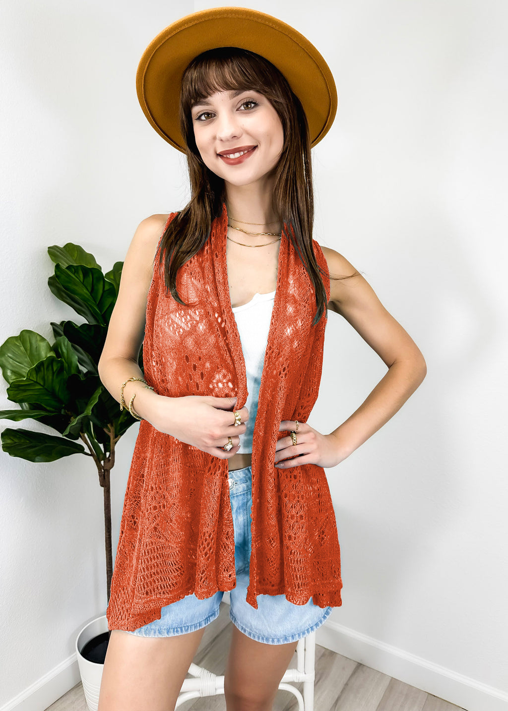Cárdigan tipo chal de crochet abierto al frente sin mangas para mujer 
