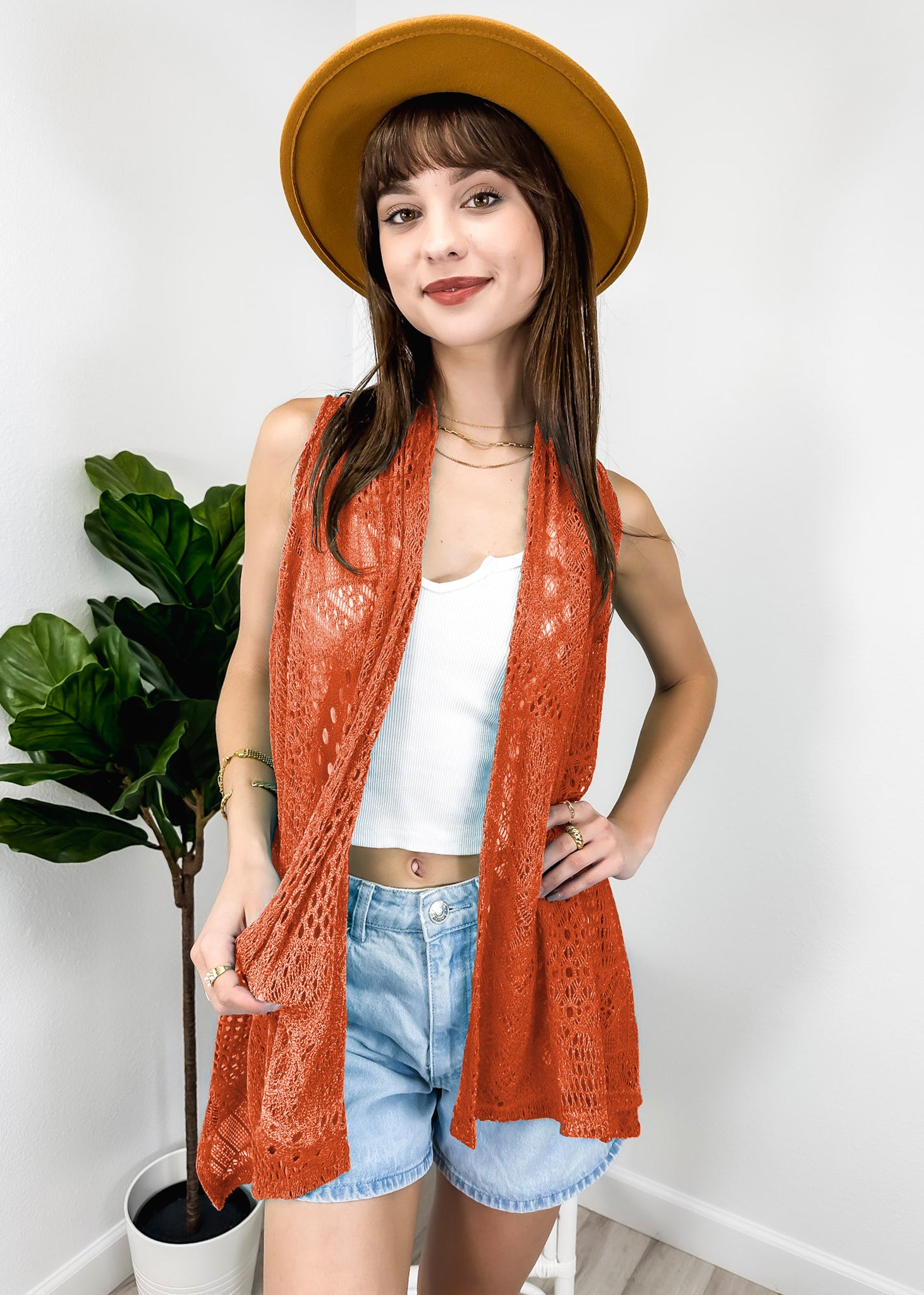 Cárdigan tipo chal de crochet abierto al frente sin mangas para mujer 