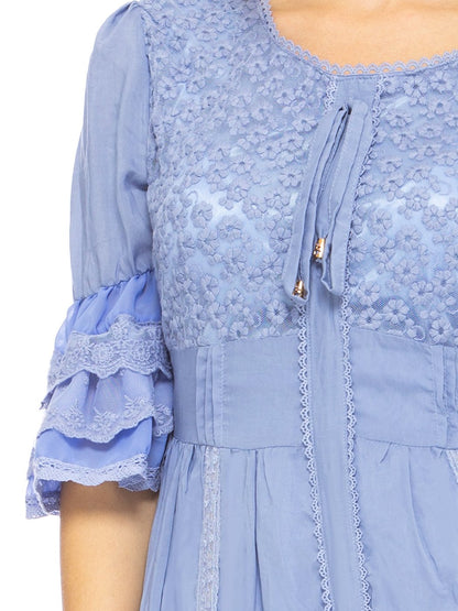 Boho Peasant Floral Lace Ruffle Hem Bell Sleeve Mini Dress