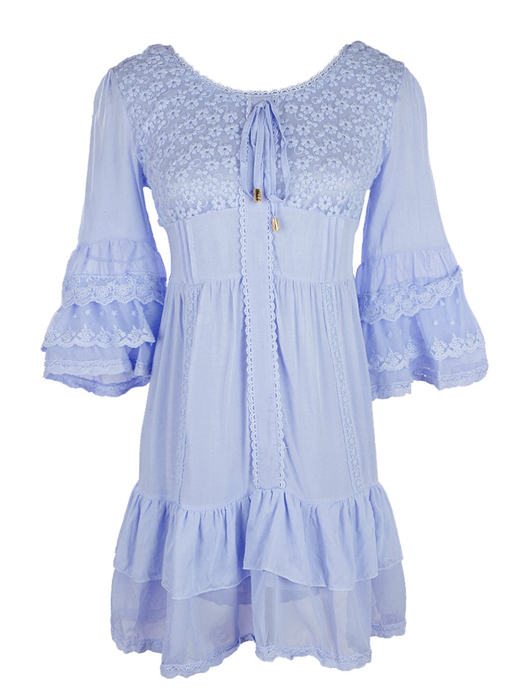Vestido corto bohemio con mangas acampanadas, dobladillo con volantes y encaje floral