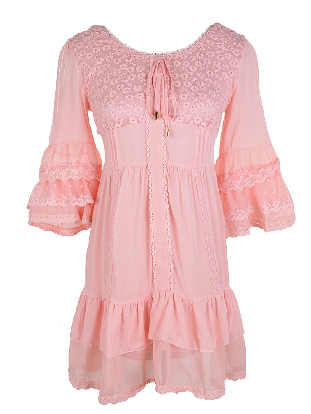 Vestido corto bohemio con mangas acampanadas, dobladillo con volantes y encaje floral