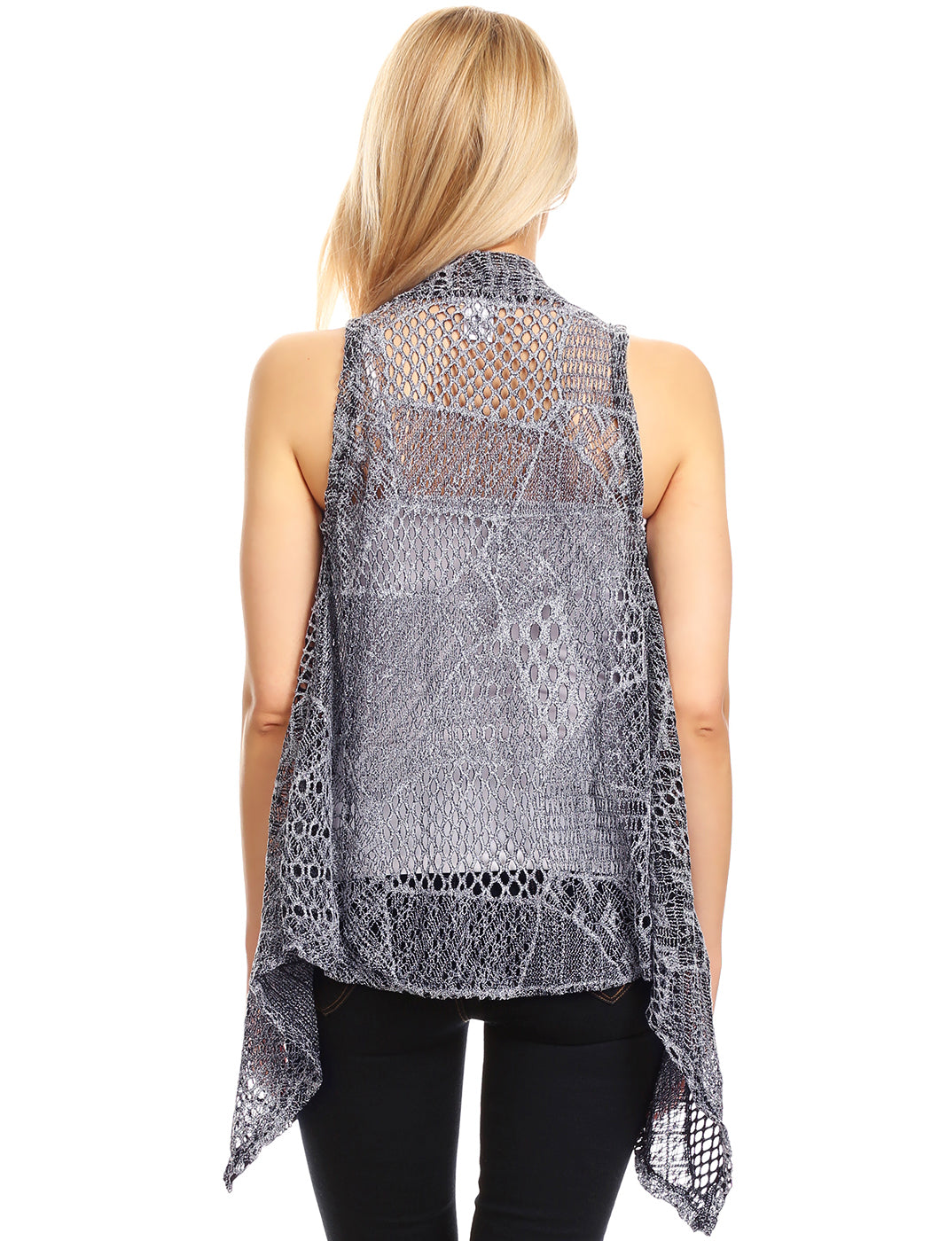 Cárdigan tipo chal de crochet abierto al frente sin mangas para mujer 