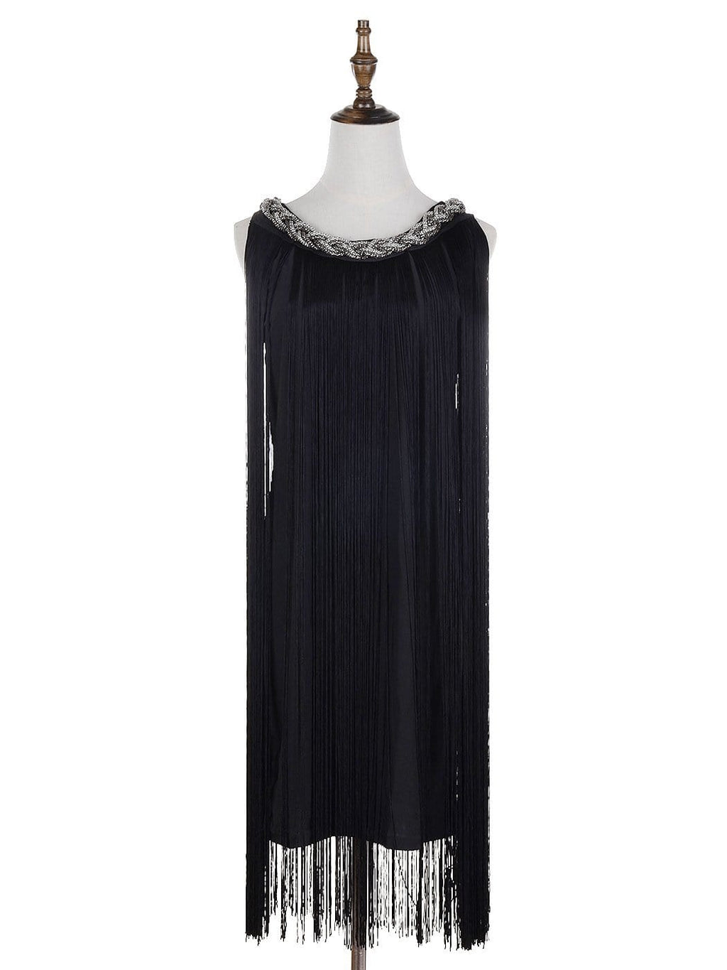 Vestido mini con flecos y cadena en el cuello trenzado