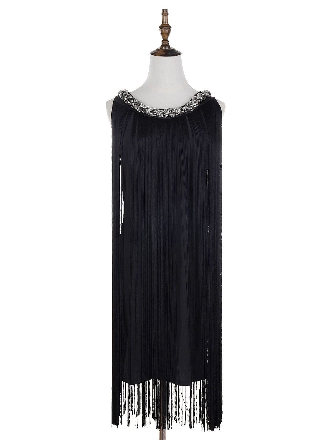 Vestido mini con flecos y cadena en el cuello trenzado