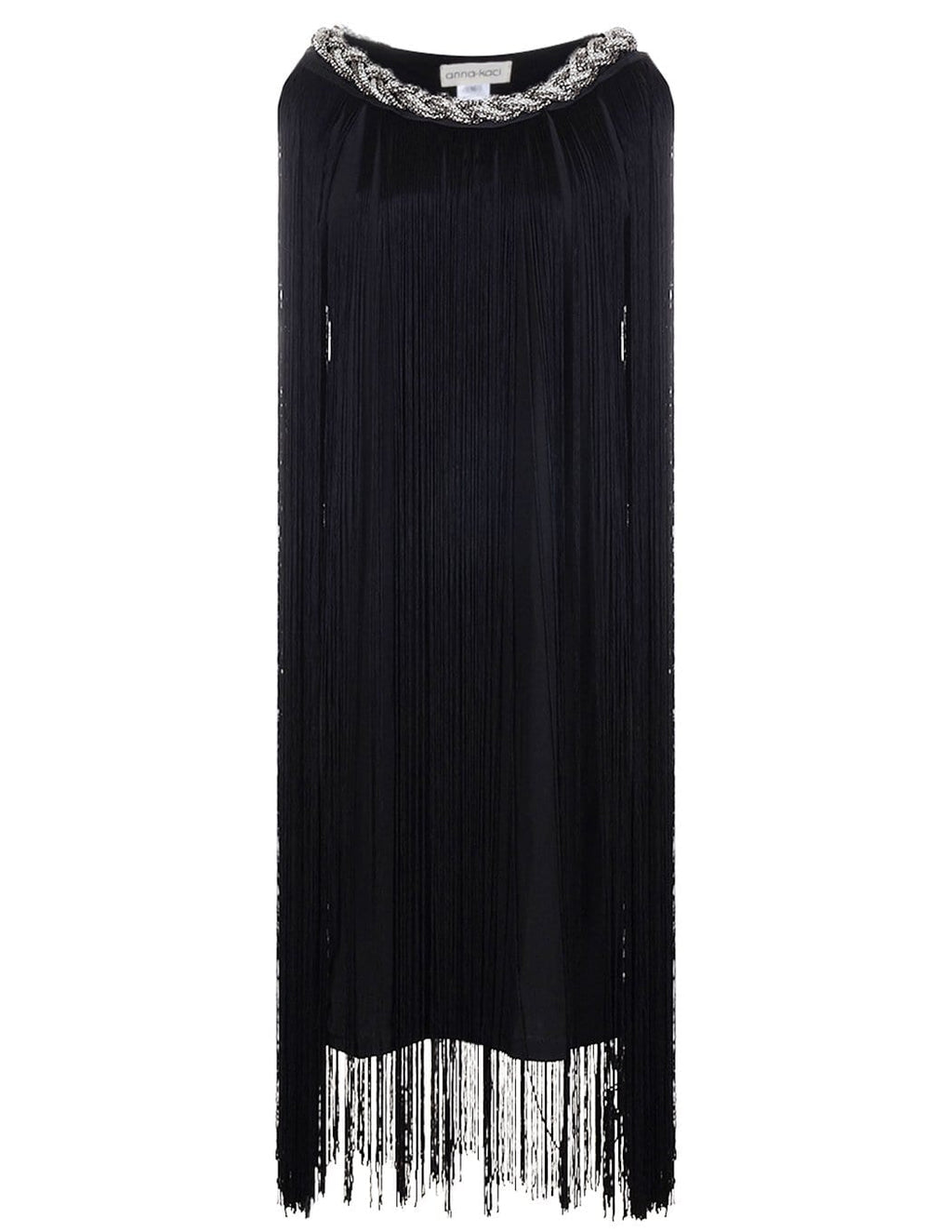Vestido mini con flecos y cadena en el cuello trenzado