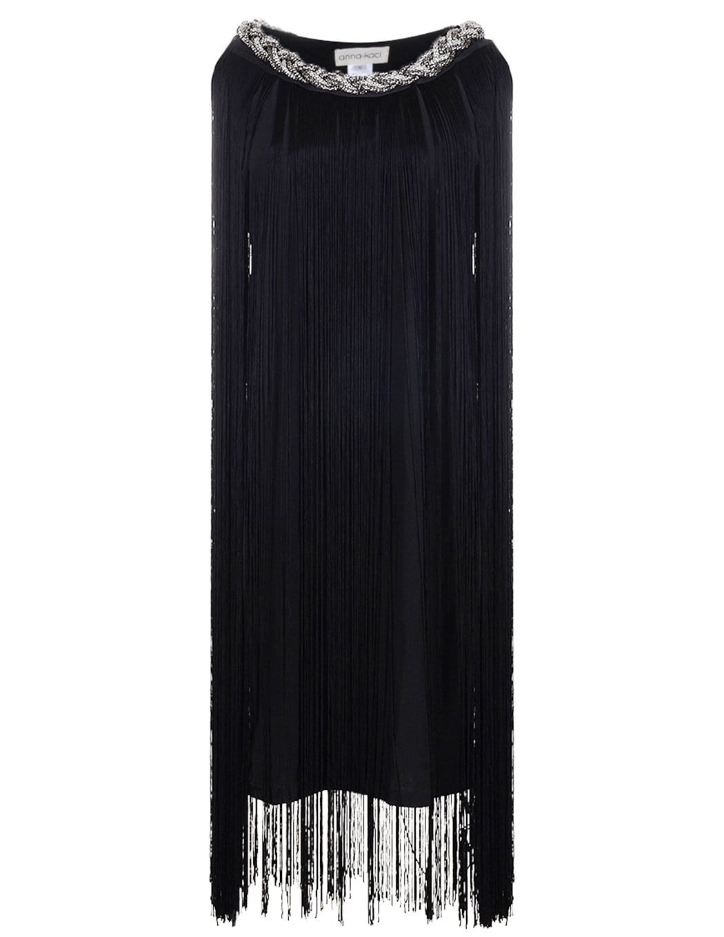 Vestido mini con flecos y cadena en el cuello trenzado