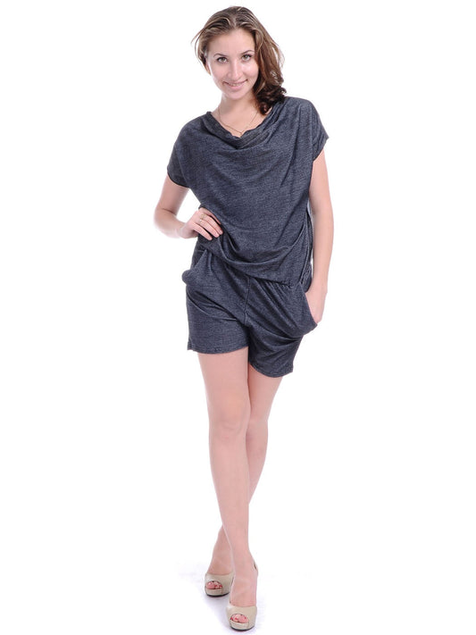 Womens Grey Loose Slouchy Cowl Neck Short Sleeve Romper Shorts
