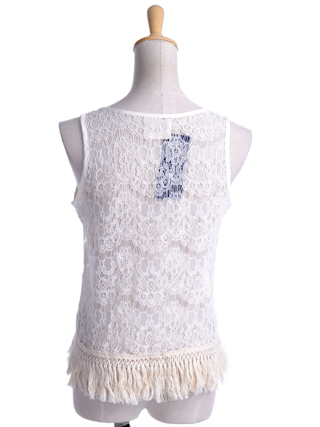 Top de punto con flores en color beige, ribete de flecos suaves y encaje de red, dobladillo alto y bajo, talla S/M