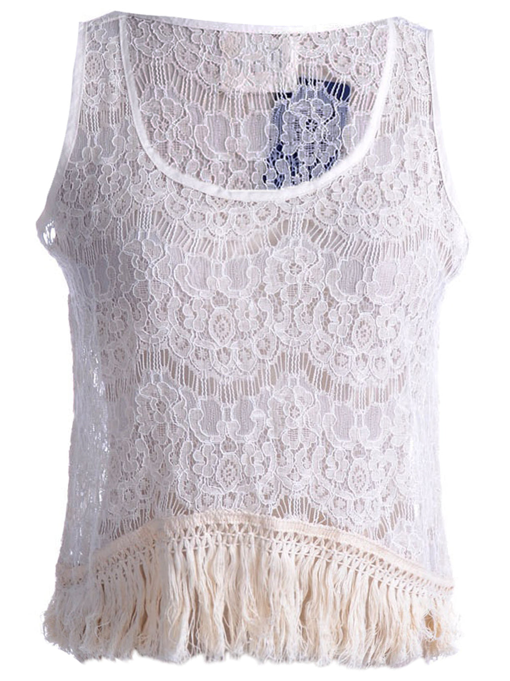 Top de punto con flores en color beige, ribete de flecos suaves y encaje de red, dobladillo alto y bajo, talla S/M