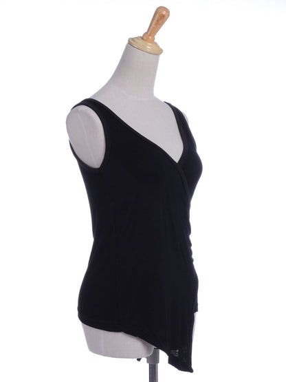 Camiseta sin mangas negra con escote en V, dobladillo irregular y largo cruzado en punta en la parte delantera, talla S/M