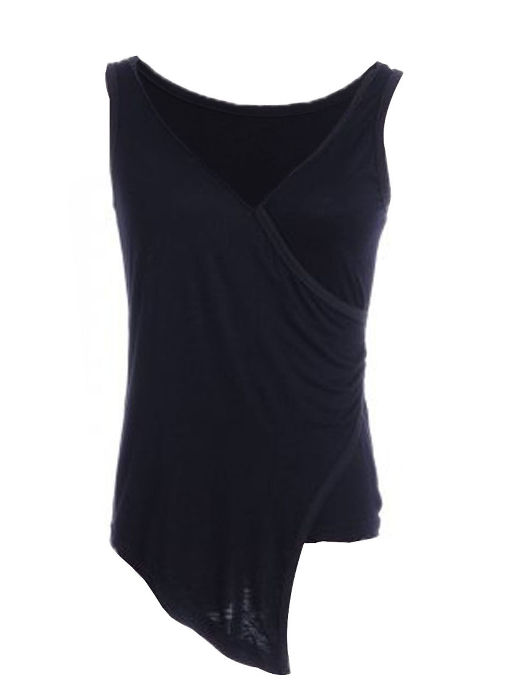 Camiseta sin mangas negra con escote en V, dobladillo irregular y largo cruzado en punta en la parte delantera, talla S/M