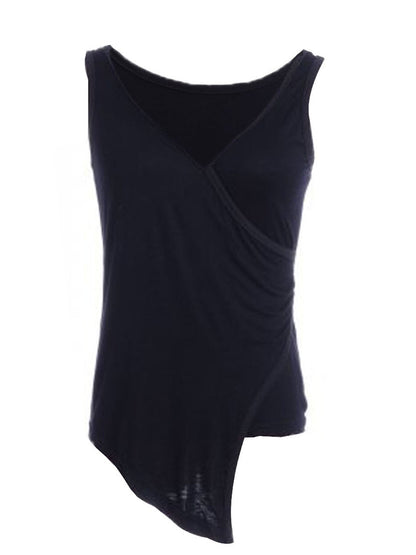 Camiseta sin mangas negra con escote en V, dobladillo irregular y largo cruzado en punta en la parte delantera, talla S/M