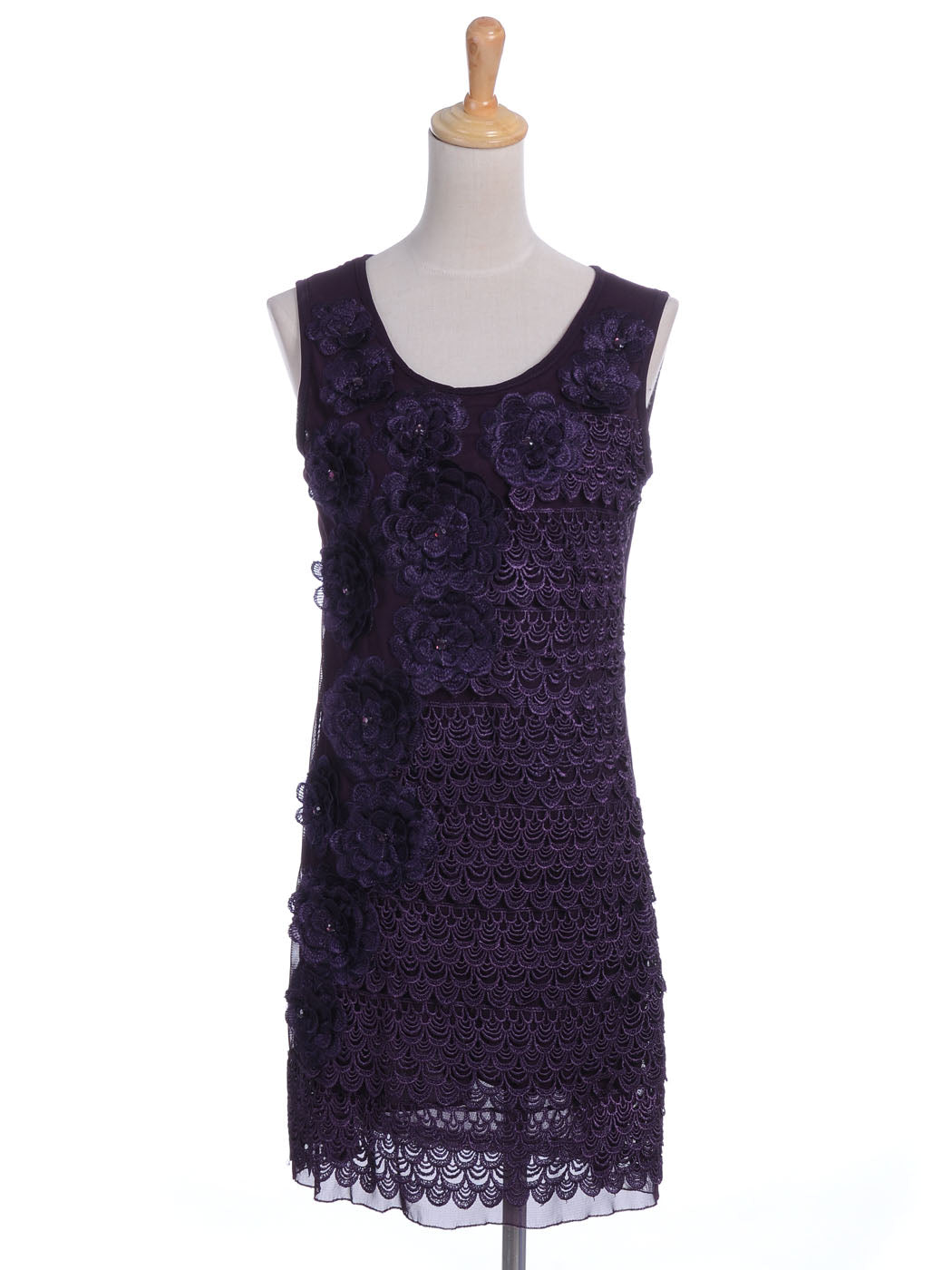 Womens Purple Floral Flower Peacock Scalloped Sleeveless Dress