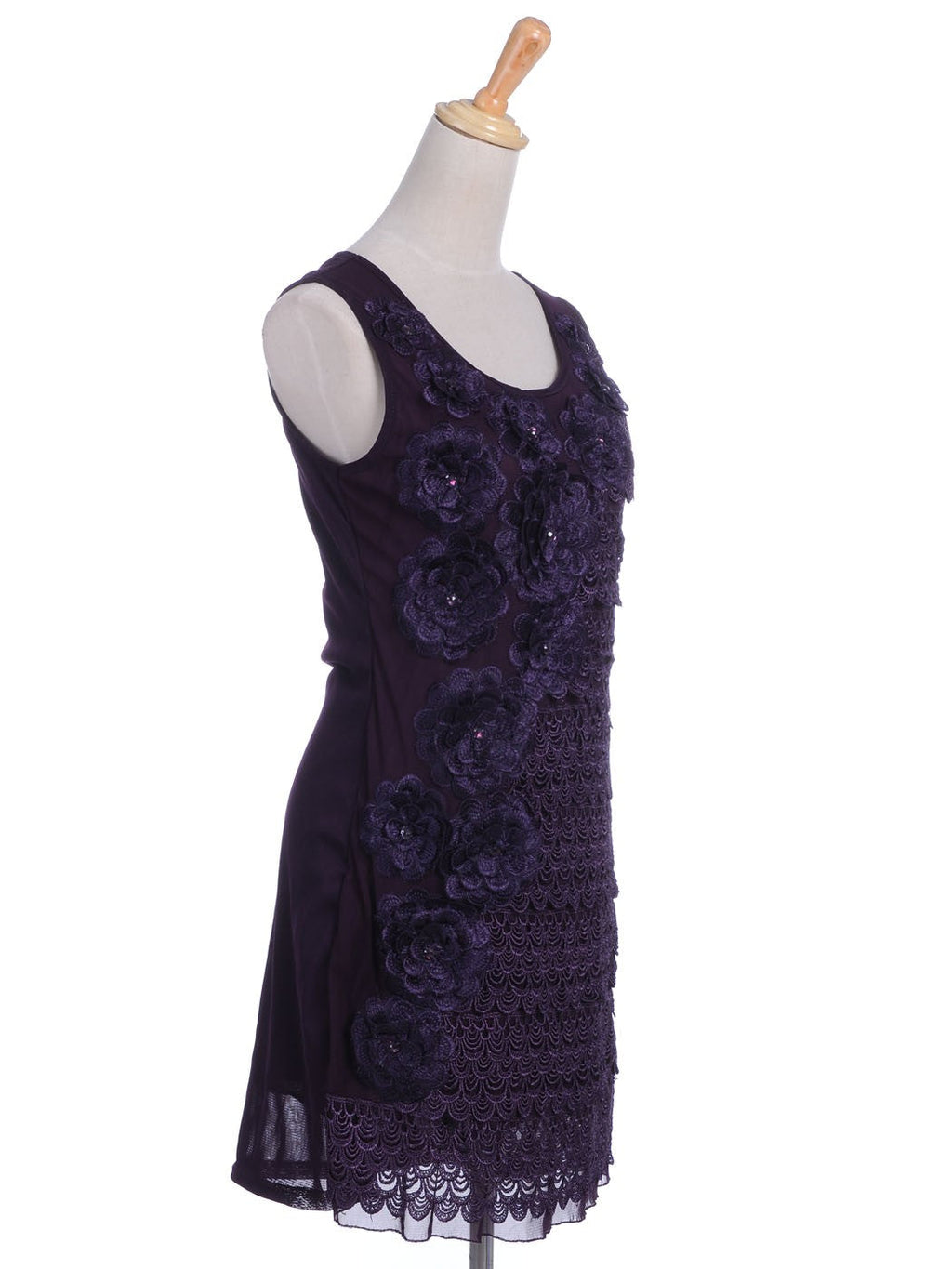 Womens Purple Floral Flower Peacock Scalloped Sleeveless Dress