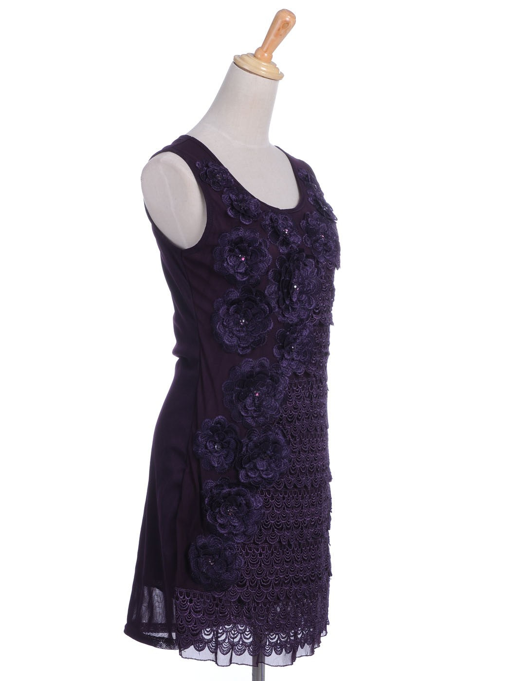 Womens Purple Floral Flower Peacock Scalloped Sleeveless Dress
