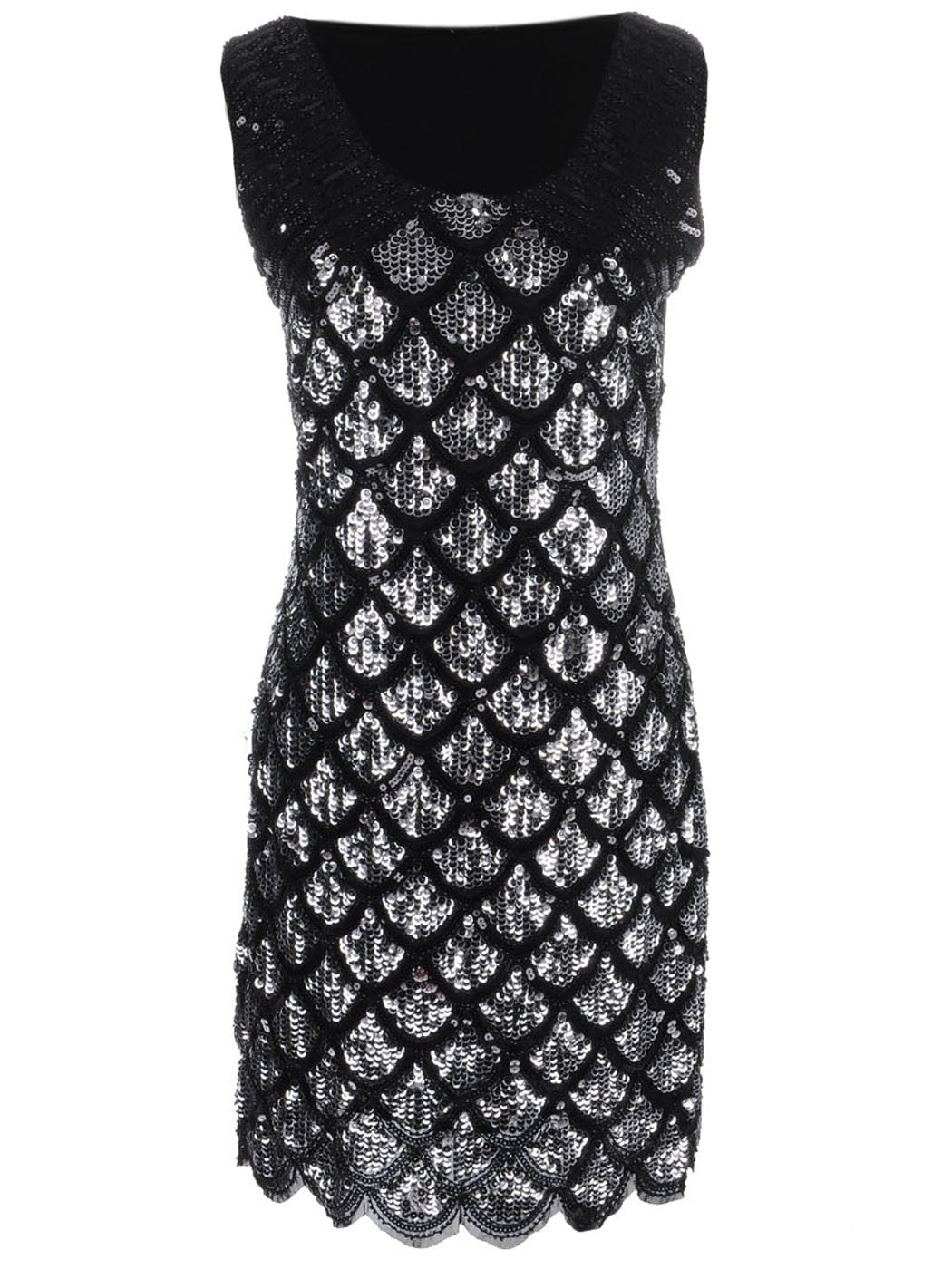 Vestido con adornos de lentejuelas y estampado festoneado