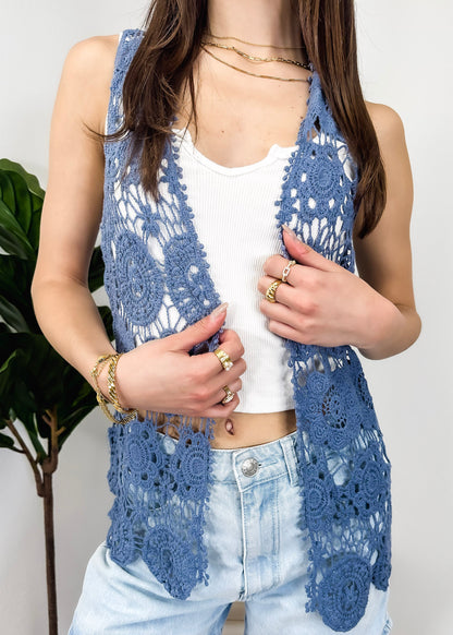 Floral Crochet Open Front Vest