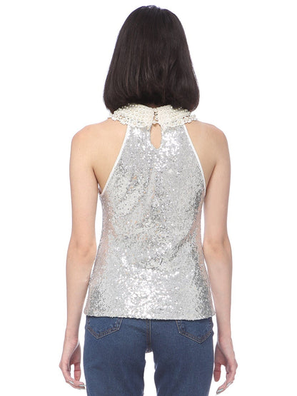Pearl Embroidered Collar Sequin Halter Top