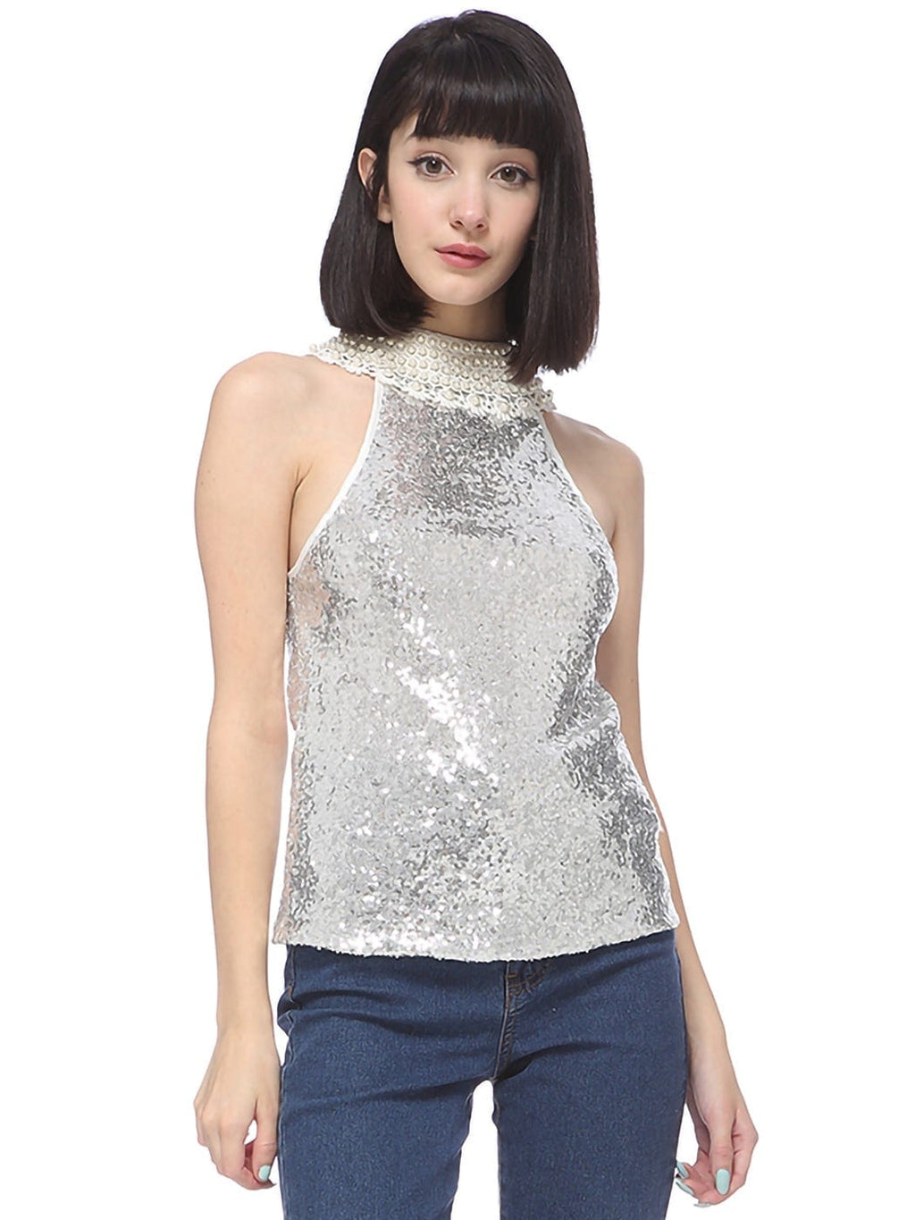 Top halter con lentejuelas y cuello bordado con perlas