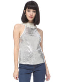 Top halter con lentejuelas y cuello bordado con perlas