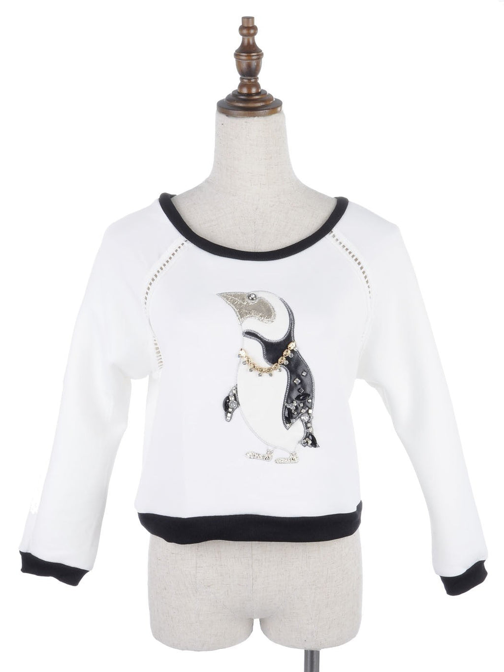 S/M Fit White Rhinestone and Chain Embellished Penguin Print Sweater