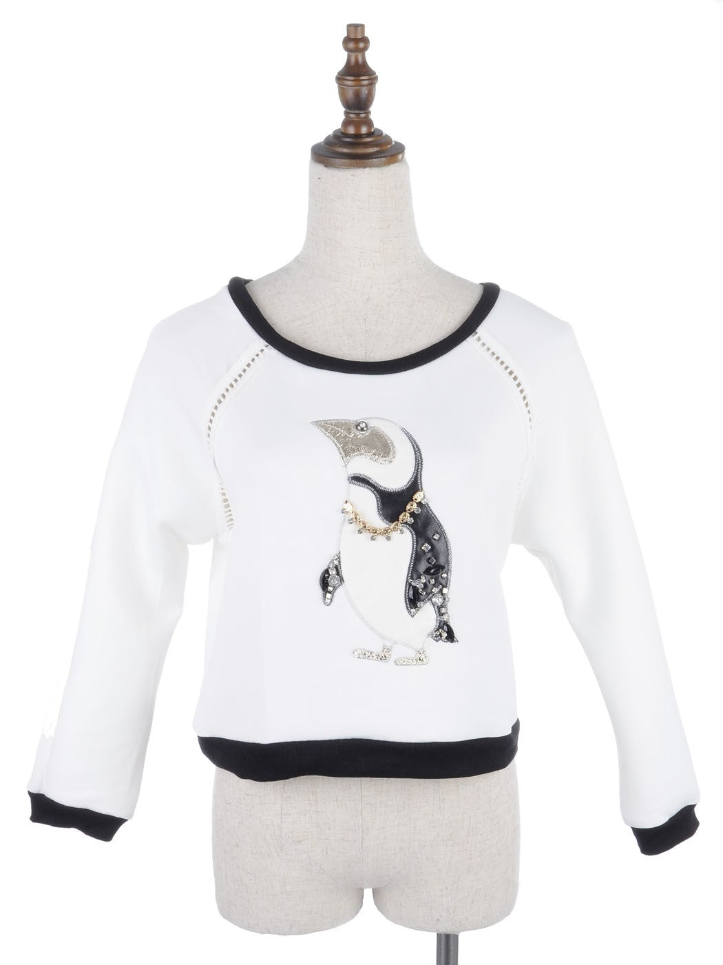S/M Fit White Rhinestone and Chain Embellished Penguin Print Sweater