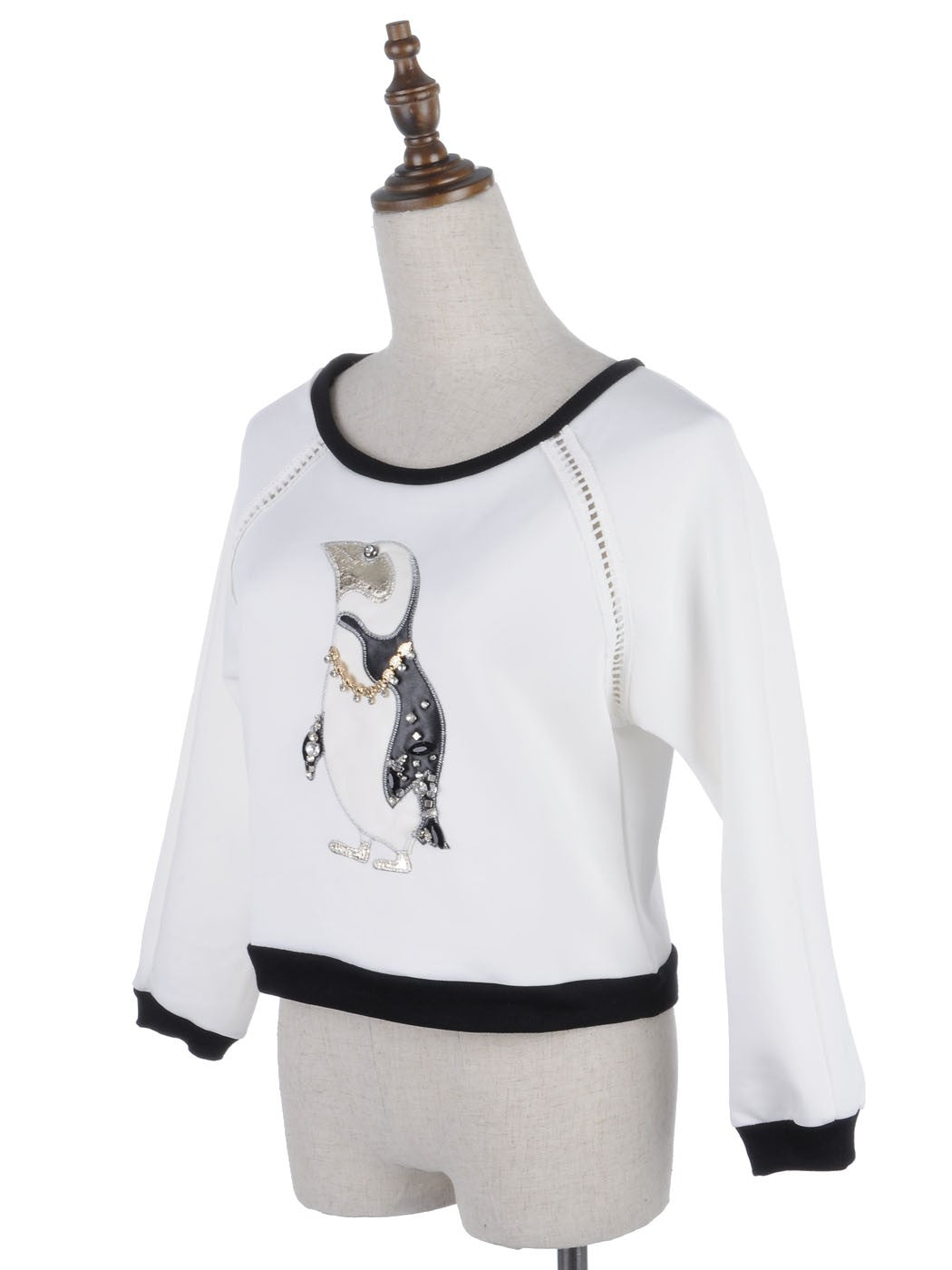 S/M Fit White Rhinestone and Chain Embellished Penguin Print Sweater