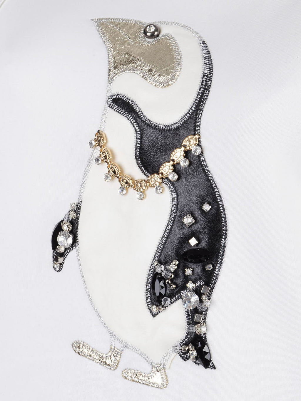 S/M Fit White Rhinestone and Chain Embellished Penguin Print Sweater