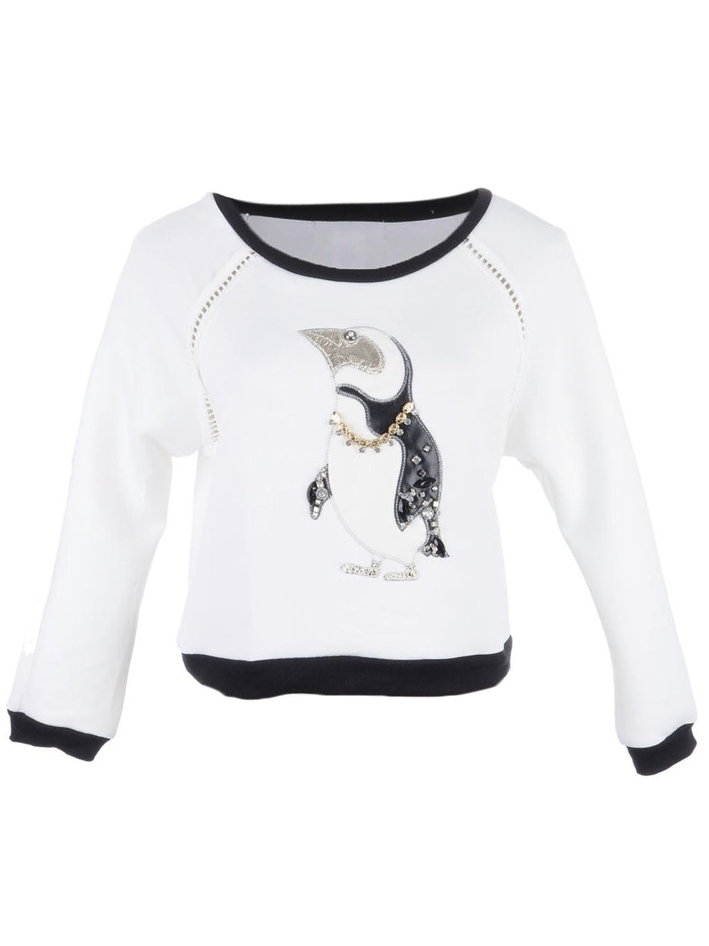 S/M Fit White Rhinestone and Chain Embellished Penguin Print Sweater