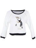 S/M Fit White Rhinestone and Chain Embellished Penguin Print Sweater