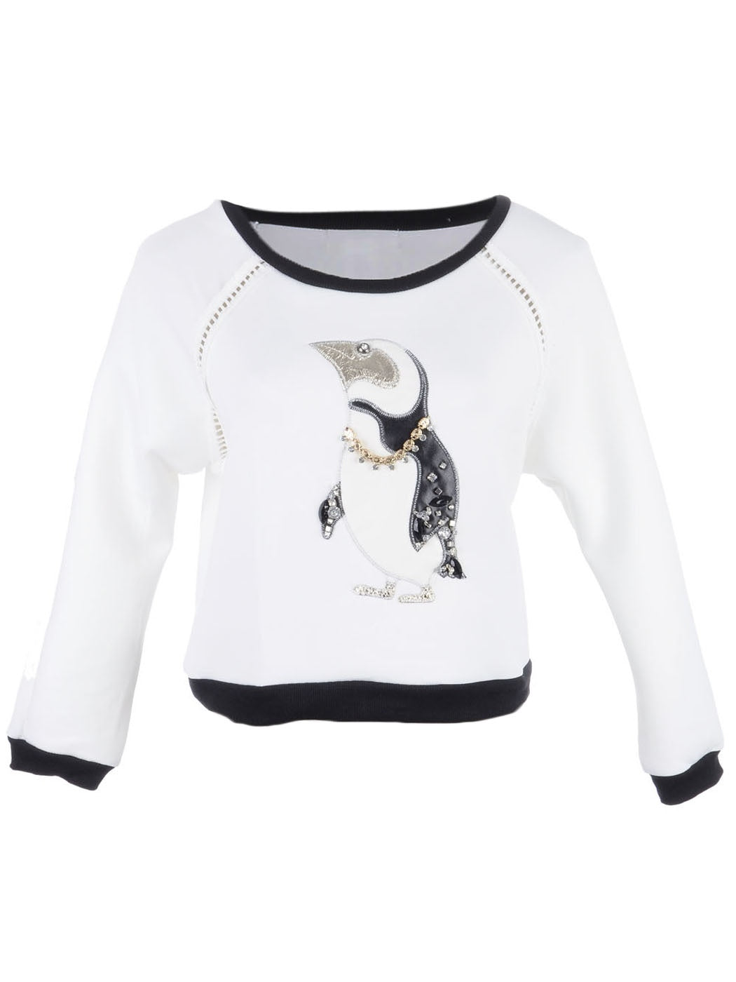 S/M Fit White Rhinestone and Chain Embellished Penguin Print Sweater