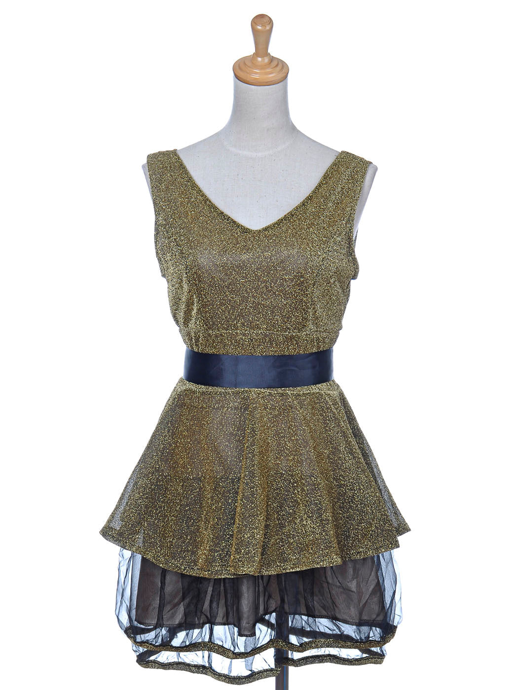 Vestido sin mangas con escote en V y cintura acampanada de tul con purpurina dorada para mujer