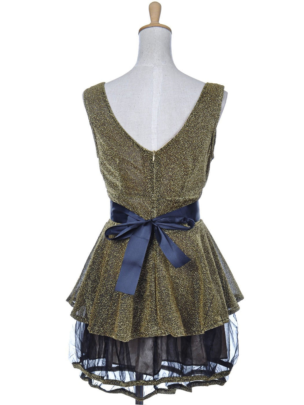 Vestido sin mangas con escote en V y cintura acampanada de tul con purpurina dorada para mujer